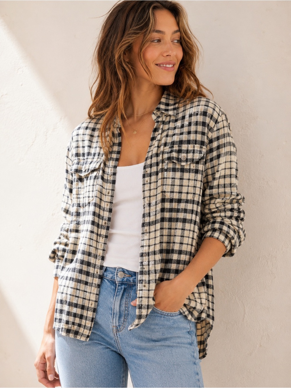 Billabong Black Cream Plaid Oversized Button Up Gauzy Shirt Size L
